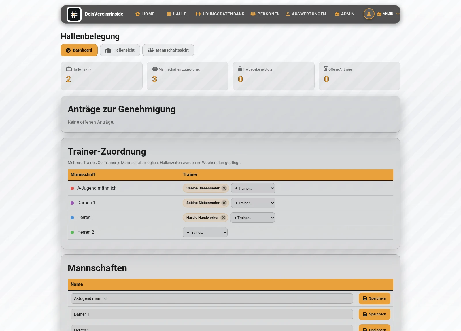 Hallenbelegung mit den Ansichten Dashboard, Hallensicht und Mannschaftssicht, Kennzahlen zu aktiven Hallen und offenen Antraegen sowie der Trainer-Zuordnung je Mannschaft.