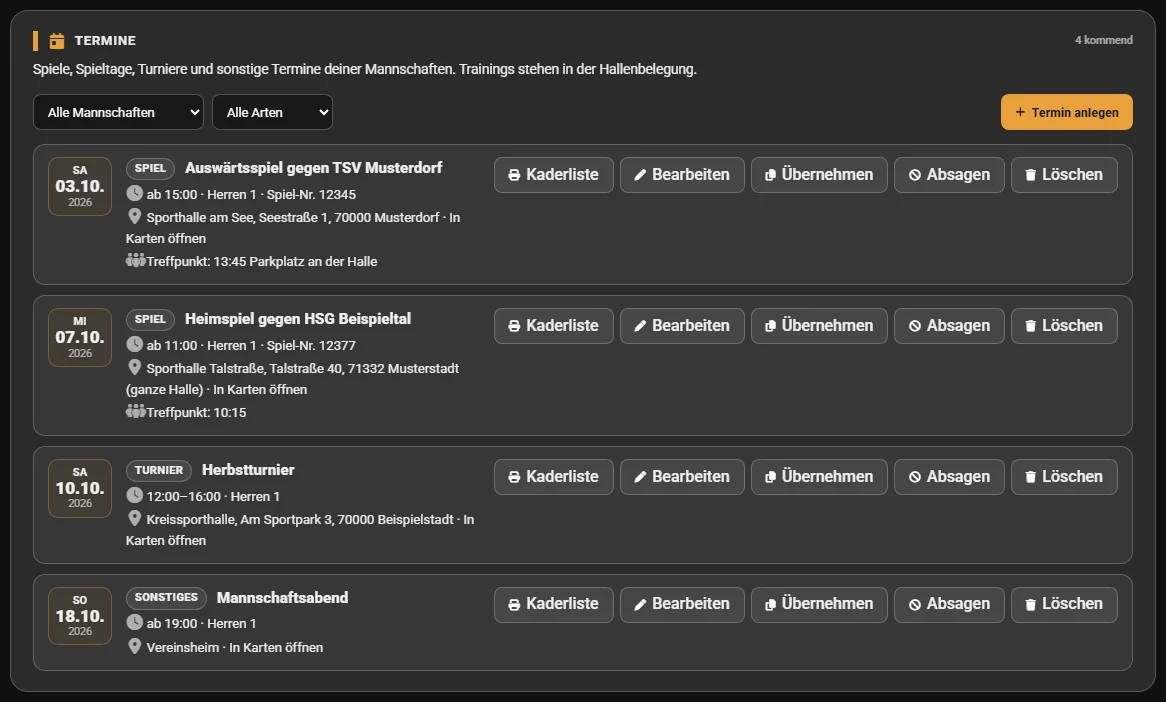 Terminliste der Mannschaft: Auswaertsspiel, Heimspiel, Turnier und Mannschaftsabend mit Datum, Uhrzeit, Ort und Treffpunkt, je Termin die Knoepfe Kaderliste, Bearbeiten, Uebernehmen, Absagen und Loeschen.